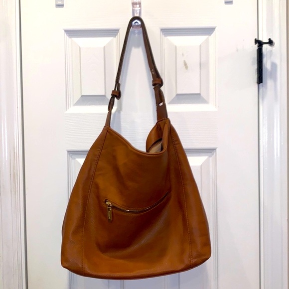 GUSSAC Italian Vegan Leather Large Handbag w Cognac Color w Gold Zipper Detail - Picture 7 of 15